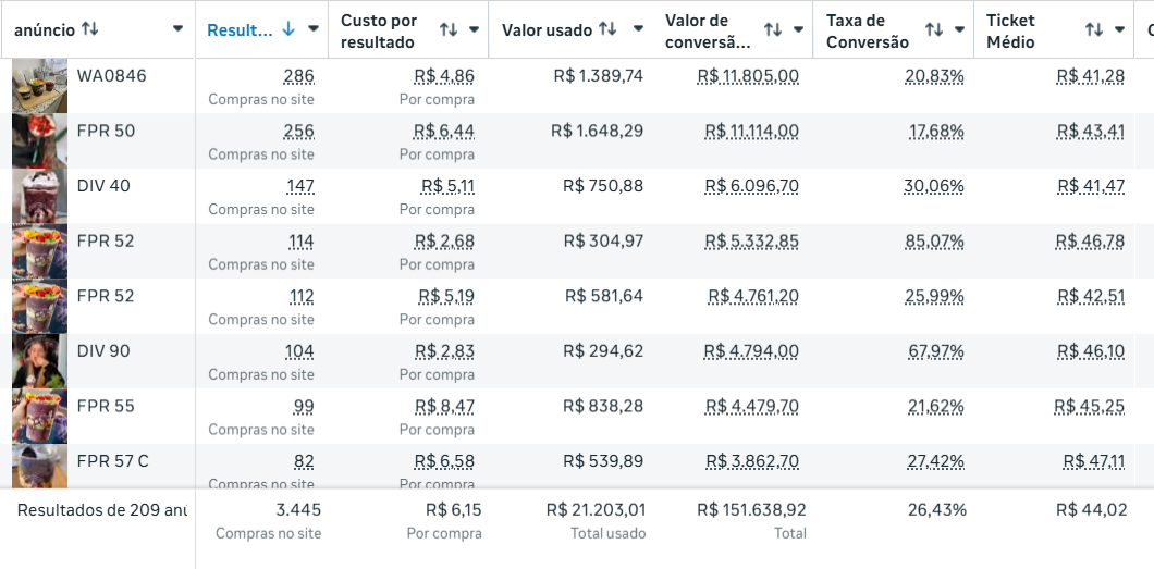 Recorte real do Gerenciador de Anúncios: 3.445 compras